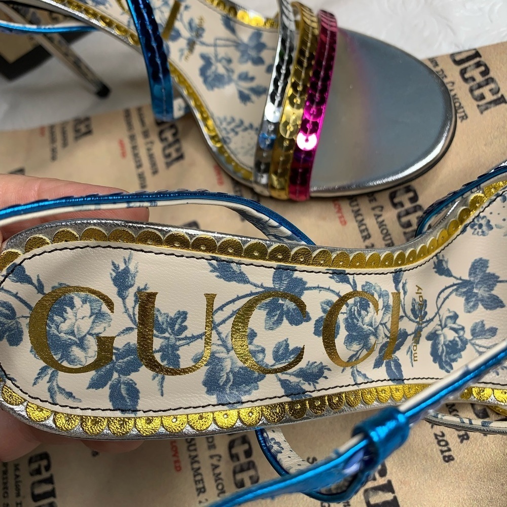 Gucci Haines‎ 105 Mulitcolored Leather Sequined Sandals Size 37 - Picture 7 of 8